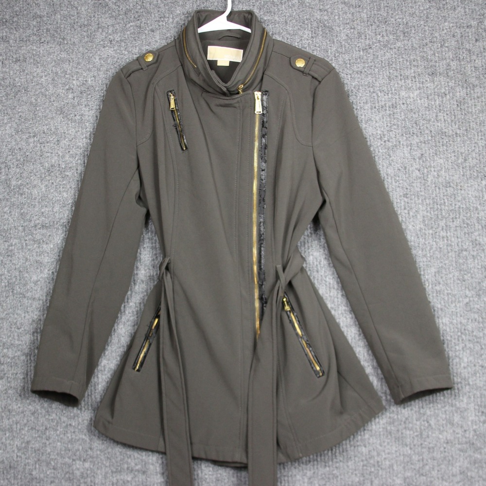 Michael Kors Gray Belted Moto Jacket with Gold Hardware Size S Packable Hoodie‎